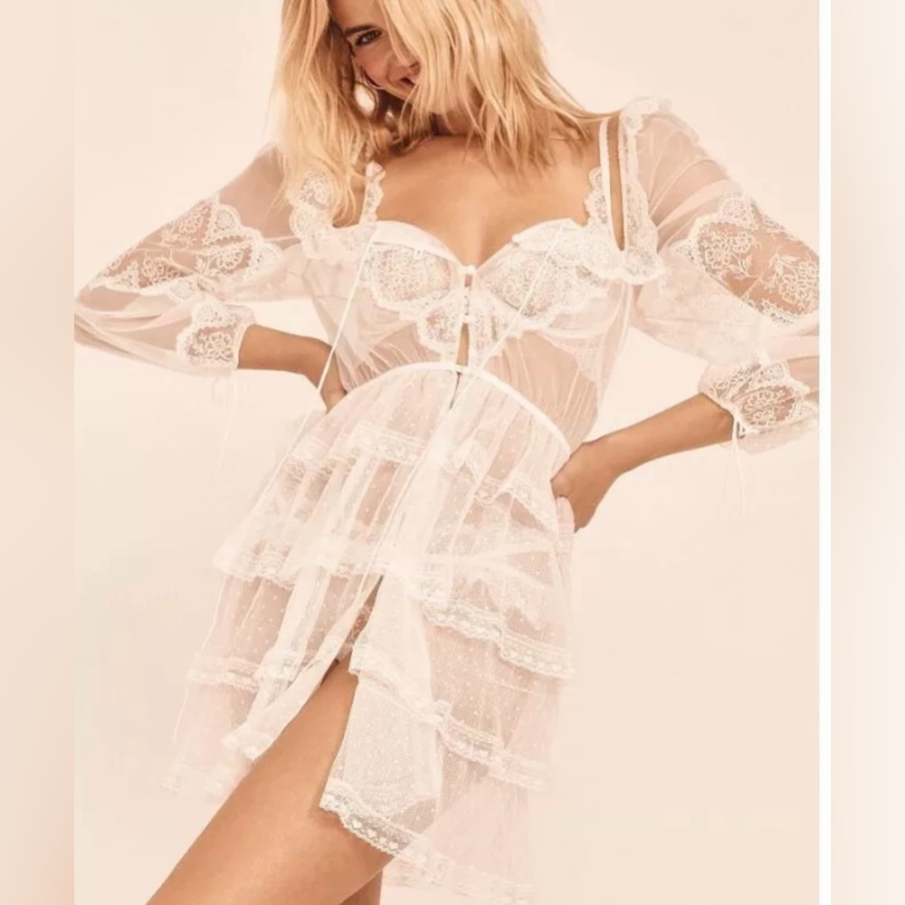 NWT For Love & Lemons Lace Bridal Robe Dress White Embroidery Mini Medium
